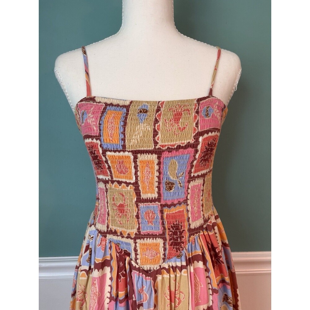Mediterranean Coastal Smocked Midi Sundress Citrus Sun Novelty Print Dress S - Picture 2 of 11